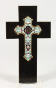 A CHAMPLEVE ENAMEL CROSS on a black marble cross. 11.5ins long.