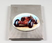 AN ENGINE TURNED SILVER CIGARETTE CASE, with an oval enamel of a vintage racing car. Birmingham