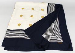 A VINTAGE CHANEL SILK SCARF, BLUE AND WHITE BORDER.