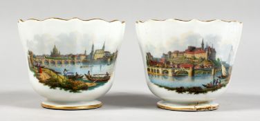 A PAIR OF 19TH CENTURY MEISSEN TOPOGRAPHICAL CUPS. Crossed swords mark in blue.