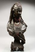 A SUPERB SPELTER BUST OF AN ARAB PRINCESS with head gear, drop earrings and enamel beadwork