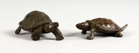 TWO JAPANESE BRONZE MINIATURE TORTOISES. 2.25ins long.
