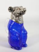 A SUPERB BLUE COLOURED GLASS BEAR CLARET JUG with plated head, glass eyes and plated feet. 9ins