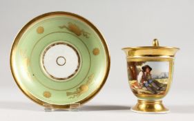 A 19TH CENTURY FRENCH PORCELAIN CABARET CUP AND SAUCER painted with a shepherd boy.