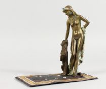 A VIENNA STYLE COLD PAINTED BRONZE OF A LADY AND A LEOPARD STANDING ON A RUG. 7ins high.