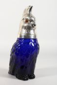 A BLUE GLASS PARAKEET CLARET JUG, with plated head. 10ins high.