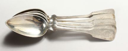 A SET OF SIX SILVER FIDDLE PATTERN SPOONS.