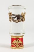 A GOOD RUSSIAN CRYSTAL HANDLE with enamel and gold mounts, with Russian crest. 3.5ins long.