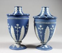 TWO 18TH / 19TH CENTURY PALE BLUE JASPERWARE URN SHAPED BOUGH POTS AND COVERS, each with pierced