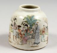 A SMALL CHINESE PORCELAIN BRUSH WASHER, decorated with figures. 2.5ins high.