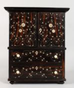 A SUPERB ANGLO INDIAN ROSEWOOD AND IVORY INLAID APPRENTICE'S CABINET with two panel doors opening to