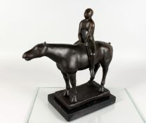 A MINIMALIST STYLE BRONZE GROUP, a naked man on horseback, mounted on a marble base. 14ins long.