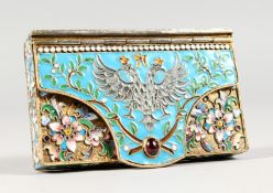 A GOOD RUSSIAN SILVER AND ENAMEL ENVELOPE-TYPE BOX, stamped 84 and head mark K.K. 3.25ins long x 1.