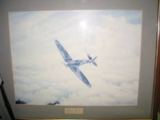 [SPITFIRE] col. print by Colin Walker of a Spitfire, with signature of DOUGLAS BADER, mounted &