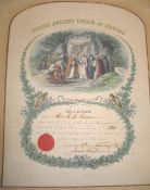 DRUIDS. Engraved & hand-coloured certificate of the United Ancient Order of Druids, Lodge no. 591,