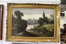 Rural Landscape with a Lake in the Distance in a decorative gilt frame, oil on canvas.