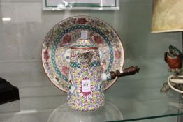 A continental coffee pot and stand painted in the oriental taste.