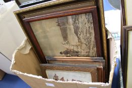 A small group of prints depicting street scenes, a terrier, Wellington on horseback, Hatfield