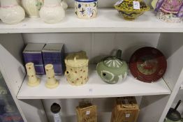 Wedgwood and other items to include a green Jasper ware teapot, a faux bamboo teapot with a pair