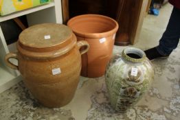 A Denby vase and two bread crocks,