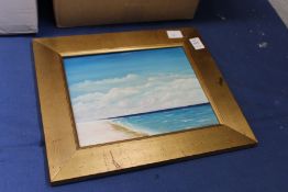 A Sunny Beach Scene with Blue Skies oil on copper, signed.