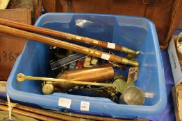 Two walking sticks, various brass and copper items etc.