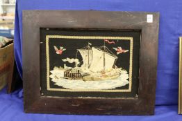 An embroidered picture of ships.