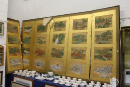 Japanese six panel screen each panel painted with four landscape scenes.