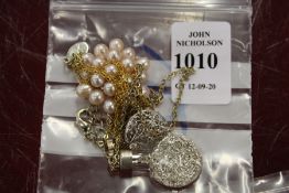 Two decorative pendants with chains.