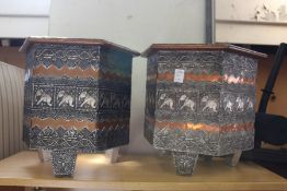 A pair of unusual eastern metal overlaid jardinieres.