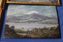 Alpine Scene with Figures on a Path oil on board, unframed.