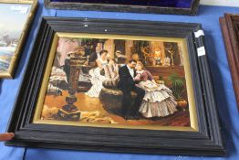 An interior scene with figures on a couch, oil on board.