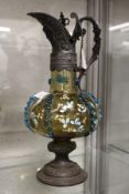 A WMF metal mounted and painted glass ewer (glass A/F).