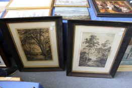 Fred Slocombe, a study of a cart on a woodland track, engravings, a pair.