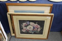 A still life of flowers in a bowl watercolour and three other art works.