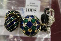 Enamel earrings and cat brooch.