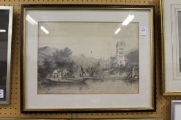 Bargemen Crossing a River mixed media.