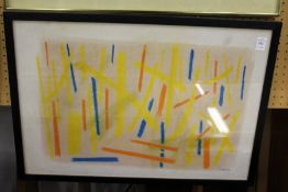 Andrew Southall, an abstract with orange yellow nd blue mixed media.