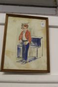 A study of a clown playing an accordion, watercolour.