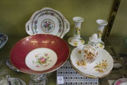 A Minton bowl, a Coalport dish, Limoges candlesticks and other decorative china.