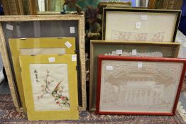 A lace sample, framed and glazed, with other similar items.