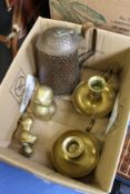 A copper jug, a pair of brass candlesticks and duck ornaments.