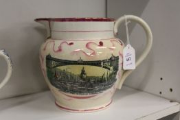 A Sunderland lustre jug decorated with the arms of the Free Masons and Newbridge Weir, Sunderland.