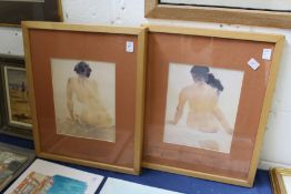 Seated female nudes, colour prints, a pair.