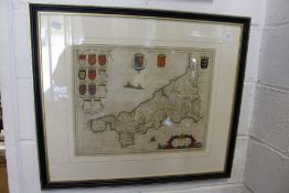 A part hand coloured map of Cornwall.