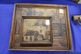 Two inlaid wood pictures.