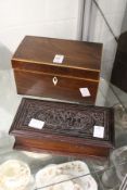 A mahogany tea caddy and a hardwood box.