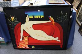 A Reclining Female Nude with a Parrot and Cat oil on canvas.