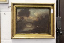 Moonlit River Landscape with a Bridge and Buildings oil on board.