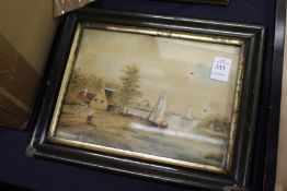 Figures by a River and Cottage watercolour.